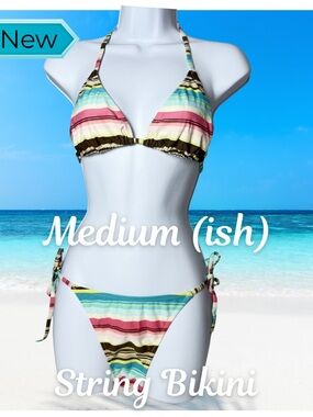Striped String Bikini Set Tie Side Halter Colorful NWOT